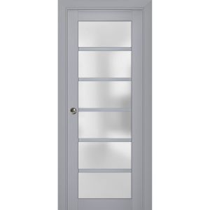 Sliding French Pocket Door | Veregio 7602 Matte Grey with Frosted Glass | Kit Trims Rail Hardware | Solid Wood Interior Bedroom Sturdy Doors
