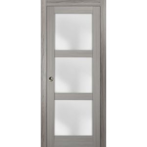 Sliding French Pocket Door | Lucia 2552 Grey Ash with Frosted Glass | Kit Trims Rail Hardware | Solid Wood Interior Bedroom Sturdy Doors