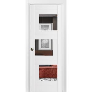 Sliding Pocket Door / Sete 6999 White Silk with Mirror / Kit Rail Hardware / MDF Interior Bedroom Modern Doors-18" x 80"