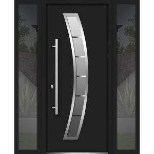 Front Exterior Prehung Steel Door / Deux 6500 Black / 2 Side Exterior Windows / Stainless Inserts Single Modern Painted-W12+36+12" x H80"-Right-hand Inswing