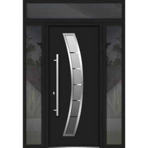 Front Exterior Prehung Steel Door / Deux 6500 Black / 2 Side and Top Exterior Window / Stainless Inserts Single Modern Painted-W12+36+12" x H80+16"-Right-hand Inswing