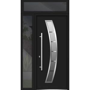 Front Exterior Prehung Steel Door / Deux 6500 Black / Side and Top Exterior Window / Stainless Inserts Single Modern Painted-W36+12" x H80+16"-Right-hand Inswing