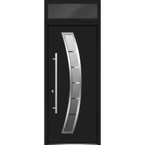 Front Exterior Prehung Steel Door / Deux 6500 Black / Top Exterior Window / Stainless Inserts Single Modern Painted-W36" x H80+16"-Right-hand Inswing