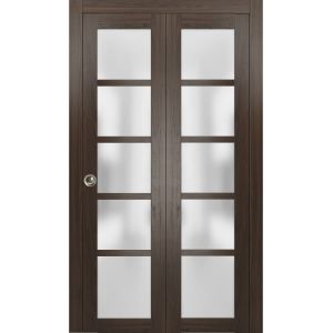 Sliding Closet Bi-fold Doors | Quadro 4002 Chocolate Ash with Frosted Glass | Sturdy Tracks Moldings Trims Hardware Set | Wood Solid Bedroom Wardrobe Doors 