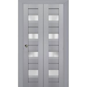 Sliding Closet Bi-fold Doors | Veregio 7455 Matte Grey with Frosted Glass | Sturdy Tracks Moldings Trims Hardware Set | Wood Solid Bedroom Wardrobe Doors 