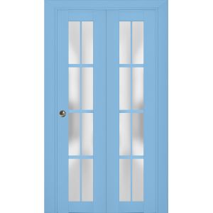 Sliding Closet Bi-fold Doors | Veregio 7412 Aquamarine with Frosted Glass | Sturdy Tracks Moldings Trims Hardware Set | Wood Solid Bedroom Wardrobe Doors 