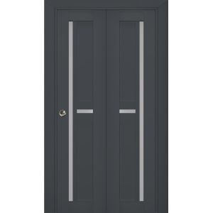 Sliding Closet Bi-fold Doors | Veregio 7288 Antracite with Frosted Glass | Sturdy Tracks Moldings Trims Hardware Set | Wood Solid Bedroom Wardrobe Doors 