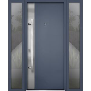 Front Exterior Prehung Steel Door / Deux 0729 Gray Graphite / 2 Sidelight Exterior Windows / Stainless Inserts Single Modern Painted-W12+36+12" x H80"-Right-hand Inswing