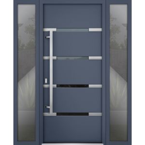 Front Exterior Prehung Steel Door / Deux 1105 Gray Graphite / 2 Sidelight Exterior Windows / Stainless Inserts Single Modern Painted-W12+36+12" x H80"-Right-hand Inswing