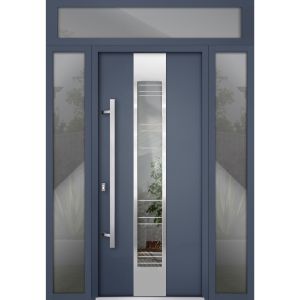 Front Exterior Prehung Steel Door / Deux 5755 Gray Graphite / 2 Sidelight and Transom Window / Stainless Inserts Single Modern Painted-W16+36+16" x H96+16"-Right-hand Inswing