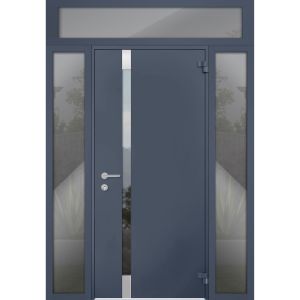 Front Exterior Prehung Steel Door / Cynex 6777 Grey / 2 Sidelight and Transom Window / Stainless Inserts Single Modern Painted-W16+36+16" x H96+16"-RH-O