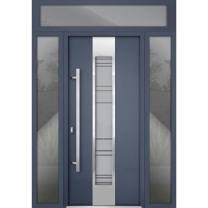 Front Exterior Prehung Steel Door / Deux 0757 Gray Graphite / 2 Sidelight and Transom Window / Stainless Inserts Single Modern Painted-W16+36+16" x H96+16"-Right-hand Inswing