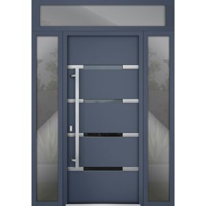 Front Exterior Prehung Steel Door / Deux 1105 Gray Graphite / 2 Sidelight and Transom Window / Stainless Inserts Single Modern Painted-W16+36+16" x H96+16"-Right-hand Outswing