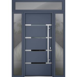 Front Exterior Prehung Steel Door / Deux 1105 Gray Graphite / 2 Sidelight and Transom Window / Stainless Inserts Single Modern Painted-W16+36+16" x H96+16"-LH-O