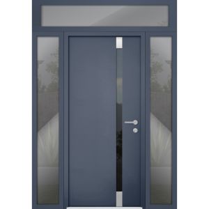 Front Exterior Prehung Steel Door / Cynex 6777 Grey / 2 Sidelight and Transom Window / Stainless Inserts Single Modern Painted-W16+36+16" x H96+16"-LH-I