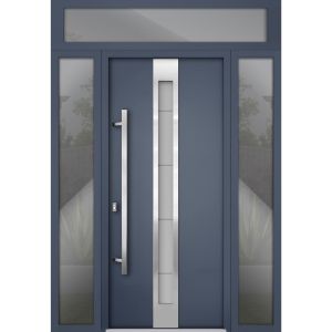 Front Exterior Prehung Steel Door / Deux 1717 Gray Graphite / 2 Sidelight and Transom Window / Stainless Inserts Single Modern Painted-W16+36+16" x H96+16"-Right-hand Outswing