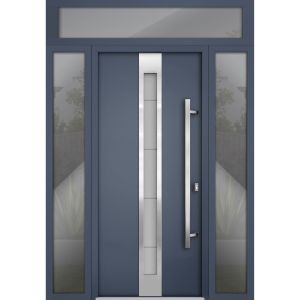 Front Exterior Prehung Steel Door / Deux 1717 Gray Graphite / 2 Sidelight and Transom Window / Stainless Inserts Single Modern Painted-W16+36+16" x H96+16"-Left-hand Inswing