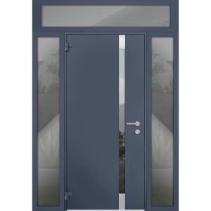 Front Exterior Prehung Steel Door / Cynex 6777 Grey / 2 Sidelight and Transom Window / Stainless Inserts Single Modern Painted-W16+36+16" x H96+16"-LH-O