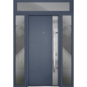 Front Exterior Prehung Steel Door / Deux 0729 Gray Graphite / 2 Sidelight and Transom Window / Stainless Inserts Single Modern Painted-W16+36+16" x H96+16"-Left-hand Inswing