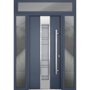 Front Exterior Prehung Steel Door / Deux 0757 Gray Graphite / 2 Sidelight and Transom Window / Stainless Inserts Single Modern Painted-W16+36+16" x H96+16"-Left-hand Inswing