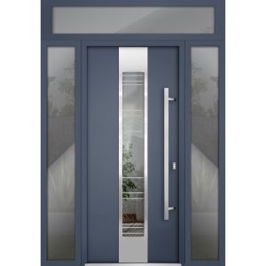Front Exterior Prehung Steel Door / Deux 5755 Gray Graphite / 2 Sidelight and Transom Window / Stainless Inserts Single Modern Painted-W16+36+16" x H96+16"-Left-hand Inswing
