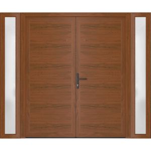 Front Exterior Prehung Metal-Plastic Double Doors / MANUX 8111 Walnut / 2 Sidelites Exterior WindoWLN / Office Commercial and Residential Doors Entrance Patio Garage 96" x 80" Right-Hand