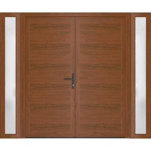 Front Exterior Prehung Metal-Plastic Double Doors / MANUX 8111 Walnut / 2 Sidelites Exterior WindoWLN / Office Commercial and Residential Doors Entrance Patio Garage 96" x 80" Left-Hand