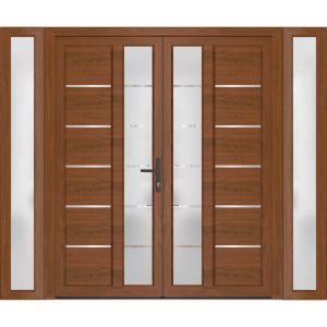 Front Exterior Prehung Metal-Plastic Double Doors / MANUX 8088 Walnut / 2 Sidelites Exterior WindoWLN / Office Commercial and Residential Doors Entrance Patio Garage 96" x 80" Left-Hand
