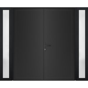 Front Exterior Prehung Metal-Plastic Double Doors / MANUX 8111 Matte Black / 2 Sidelites Exterior Windows / Office Commercial and Residential Doors Entrance Patio Garage 96" x 80" Right-Hand