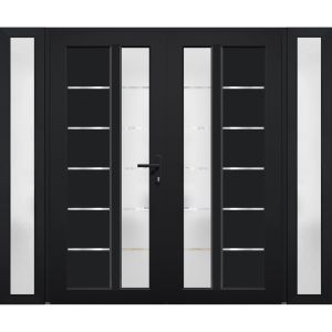 Front Exterior Prehung Metal-Plastic Double Doors / MANUX 8088 Matte Black / 2 Sidelites Exterior Windows / Office Commercial and Residential Doors Entrance Patio Garage 96" x 80" Left-Hand