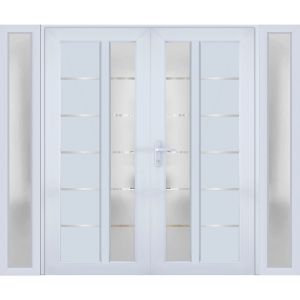 Front Exterior Prehung Metal-Plastic Double Doors / MANUX 8088 White Silk / 2 Sidelites Exterior Windows / Office Commercial and Residential Doors Entrance Patio Garage 96" x 80" Right-Hand