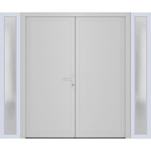 Front Exterior Prehung Metal-Plastic Double Doors / MANUX 8111 White Silk / 2 Sidelites Exterior Windows / Office Commercial and Residential Doors Entrance Patio Garage 96" x 80" Left-Hand