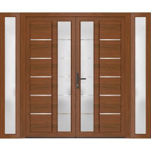 Front Exterior Prehung Metal-Plastic Double Doors / MANUX 8088 Walnut / 2 Sidelites Exterior WindoWLN / Office Commercial and Residential Doors Entrance Patio Garage 96" x 80" Right-Hand