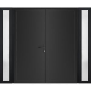 Front Exterior Prehung Metal-Plastic Double Doors / MANUX 8111 Matte Black / 2 Sidelites Exterior Windows / Office Commercial and Residential Doors Entrance Patio Garage 96" x 80" Left-Hand