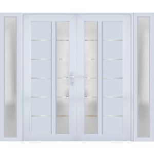 Front Exterior Prehung Metal-Plastic Double Doors / MANUX 8088 White Silk / 2 Sidelites Exterior Windows / Office Commercial and Residential Doors Entrance Patio Garage 96" x 80" Left-Hand