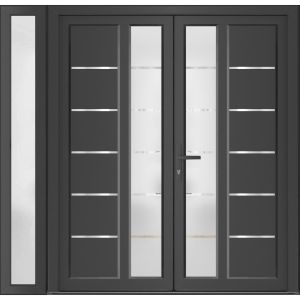 Front Exterior Prehung Metal-Plastic Double Doors / MANUX 8088 Antracite / Sidelite Exterior Window / Office Commercial and Residential Doors Entrance Patio Garage 84" x 80" Right-Hand