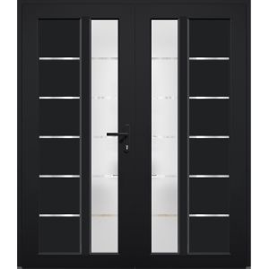 Front Exterior Prehung Metal-Plastic Double Doors / MANUX 8088 Matte Black / Office Commercial and Residential Doors Entrance Patio Garage 72" x 80" Left-Hand