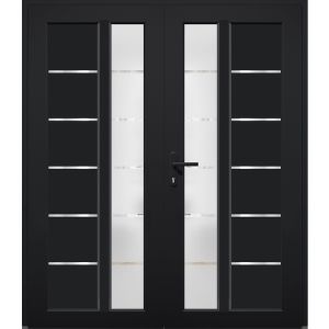 Front Exterior Prehung Metal-Plastic Double Doors / MANUX 8088 Matte Black / Office Commercial and Residential Doors Entrance Patio Garage 72" x 80" Right-Hand