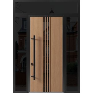 Front Exterior Prehung Steel Door / Ronex 1055 Teak 96" / 2 Sidelight and Transom Window Sidelite / Entry Metal Modern Painted W16+36+16" x H96+16" Right hand Inswing