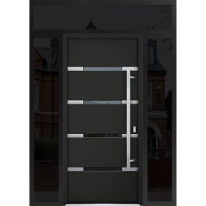 Front Exterior Prehung Steel Door / Deux 1105 Black Enamel / 2 Sidelight and Transom Window Sidelite / Stainless Inserts Entry Metal Modern Painted W16+36+16" x H96+16" Left hand Outswing