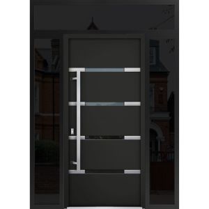 Front Exterior Prehung Steel Door / Deux 1105 Black Enamel / 2 Sidelight and Transom Window Sidelite / Stainless Inserts Entry Metal Modern Painted W16+36+16" x H96+16" Right hand Outswing