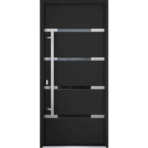 Front Exterior Prehung Steel Door / Deux 1105 Black Enamel / Stainless Inserts Entry Metal Modern Painted W36" x H96" Right hand Outswing