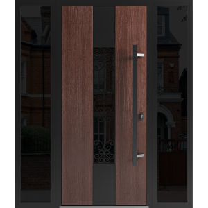 Front Exterior Prehung Steel Door / Ronex 1205 Bronze Oak / 2 Sidelight Exterior Windows Sidelites/ Entry Metal Modern Painted W12+36+12" x H80" Left hand Inswing