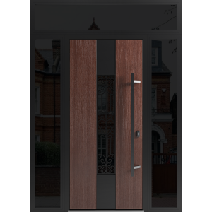 Front Exterior Prehung Steel Door / Ronex 1205 Bronze Oak / 2 Sidelight and Transom Window Sidelite / Entry Metal Modern Painted W12+36+12" x H80+16" Left hand Inswing