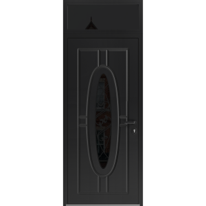 Front Exterior Prehung Steel Door / Ronex 1277 Black Enamel / Transom Window Sidelite / Stainless Inserts Entry Metal Modern Painted W36" x H80+16" Left hand Inswing