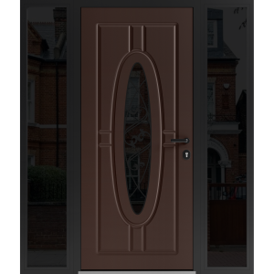 Front Exterior Prehung Steel Door / Ronex 1277 Brown / 2 Sidelight Exterior Windows Sidelites/ Entry Metal Modern Painted W12+36+12" x H80" Left hand Inswing