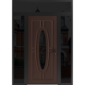 Front Exterior Prehung Steel Door / Ronex 1277 Brown / 2 Sidelight and Transom Window Sidelite / Entry Metal Modern Painted W12+36+12" x H80+16" Left hand Inswing