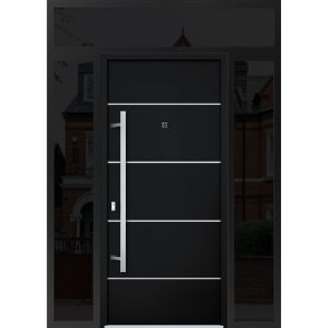 Front Exterior Prehung Steel Door / Deux 6083 Black Enamel / 2 Sidelight and Transom Window Sidelite / Stainless Inserts Entry Metal Modern Painted W16+36+16" x H96+16" Right hand Outswing