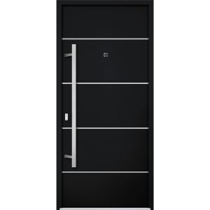 Front Exterior Prehung Steel Door / Deux 6083 Black Enamel / Stainless Inserts Entry Metal Modern Painted W36" x H96" Right hand Outswing