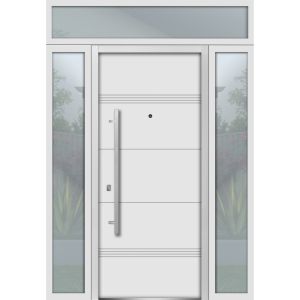 Front Exterior Prehung Steel Door / Deux 1705 White Enamel / 2 Sidelight and Transom Black Window / Stainless Inserts Single Modern Painted-W16+36+16" x H96+16"-Left-hand Inswing